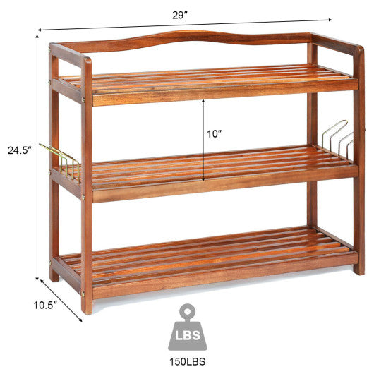 3-Tier Acacia Wood Shoe Rack with Side Metal Hooks Hot on Sale