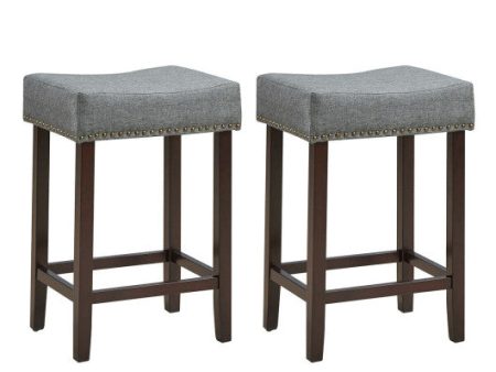 2 Pieces Nailhead Saddle Bar Stools with Fabric Seat and Wood Legs-Gray Cheap