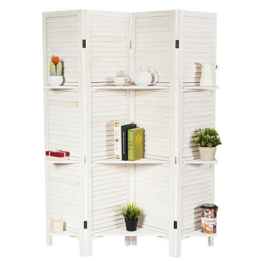 4 Panel Folding Room Divider Screen with 3 Display Shelves-White on Sale