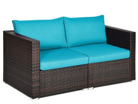 2PCS Patio Rattan Sectional Conversation Sofa Set-Blue Hot on Sale