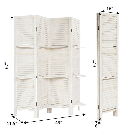 4 Panel Folding Room Divider Screen with 3 Display Shelves-White on Sale