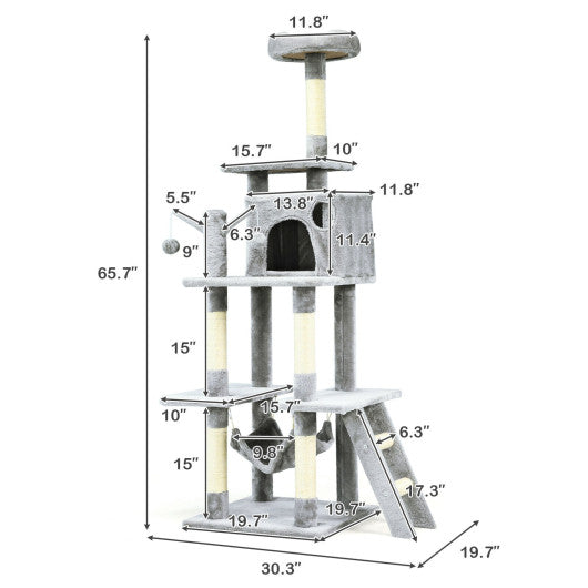 66 Inch Cat Tree Condo Kitten Multi-Level Activity Center-Gray Supply