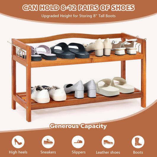 2-Tier Acacia Wood Shoe Rack with 4 Side Metal Hooks Online Hot Sale