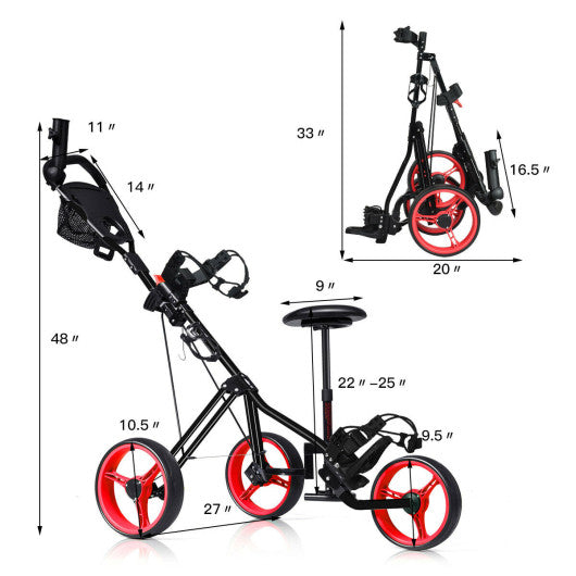 Foldable 3 Wheels Push Pull Golf Trolley with Scoreboard Bag-Red Discount