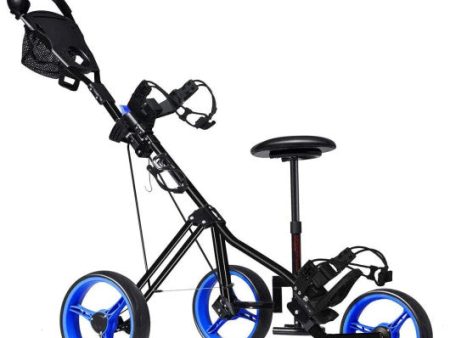 Foldable 3 Wheels Push Pull Golf Trolley with Scoreboard Bag-Navy Discount