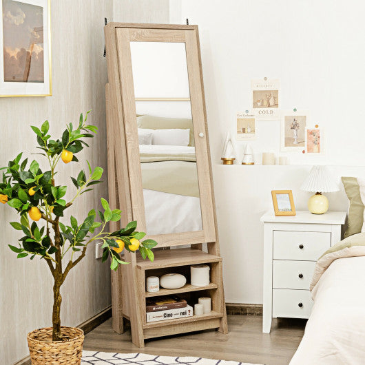 2-in-1 Wooden Cosmetics Storage Cabinet with Full-Length Mirror and Bottom Rack Online now