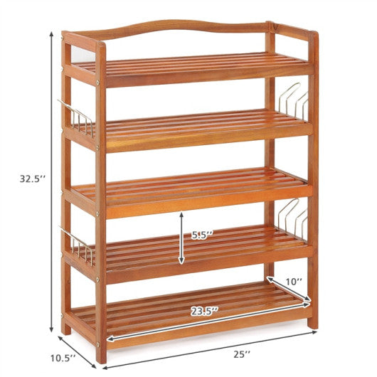 5-Tier Acacia Wood Shoe Rack with Side Metal Hooks Online Hot Sale