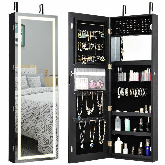 Mirrored Jewelry Armoire with Full Length Mirror and 2 Internal LED Lights-Black Online Hot Sale