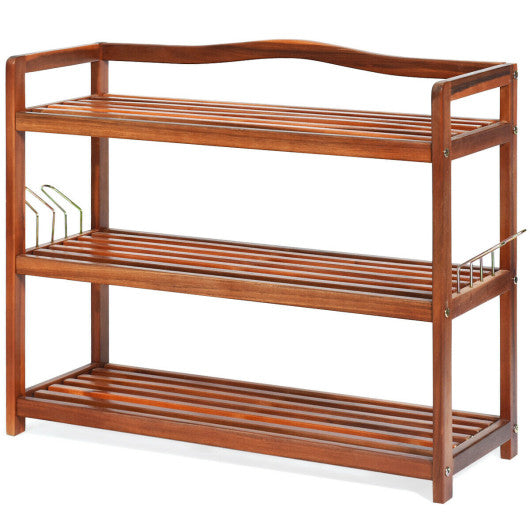 3-Tier Acacia Wood Shoe Rack with Side Metal Hooks Hot on Sale