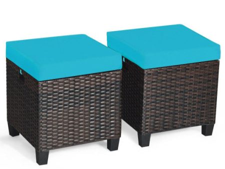 2 Pieces Patio Rattan Ottoman Set with Removable Cushions-Turquoise Sale