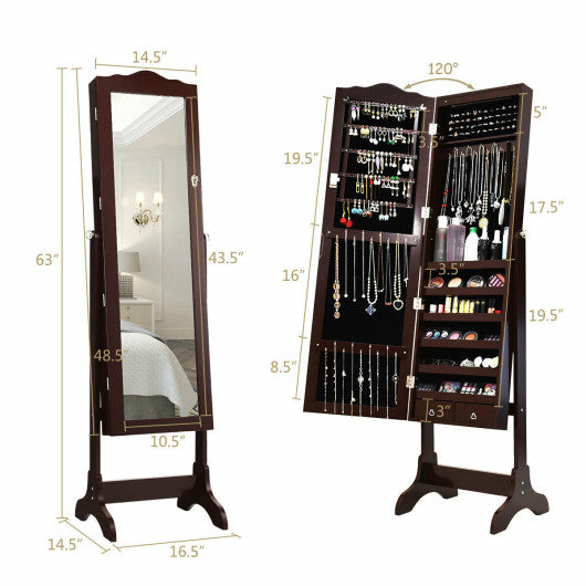 14 LED Jewelry Armoire Cabinet with Full Length Mirror and 4 Tilting Angles-Coffee Online Hot Sale