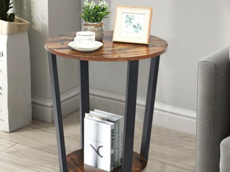 2-tier Round End Table with Storage Shelf and Metal Frame-Brown Online Sale