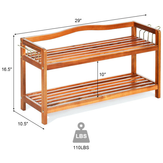 2-Tier Acacia Wood Shoe Rack with 4 Side Metal Hooks Online Hot Sale