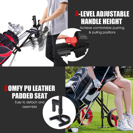 Foldable 3 Wheels Push Pull Golf Trolley with Scoreboard Bag-Red Discount