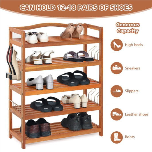 5-Tier Acacia Wood Shoe Rack with Side Metal Hooks Online Hot Sale