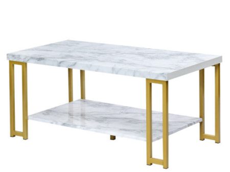 2-Tier Rectangular Modern Coffee Table with Gold Print Metal Frame Online now