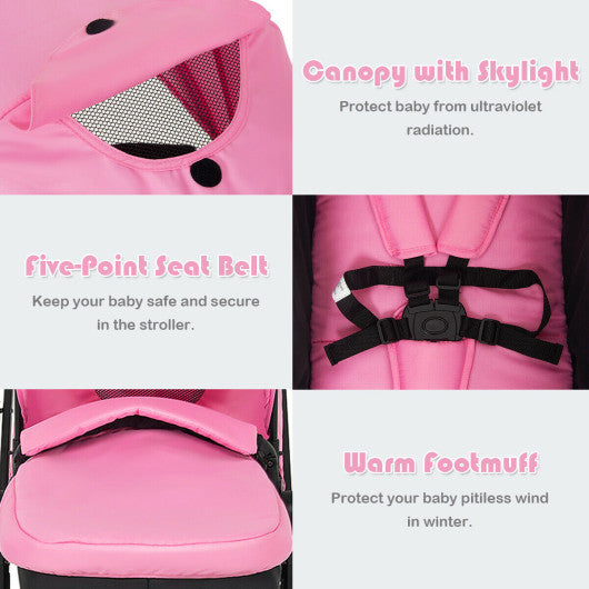 2-in-1 Foldable Pushchair Newborn Infant Baby Stroller-Pink For Cheap