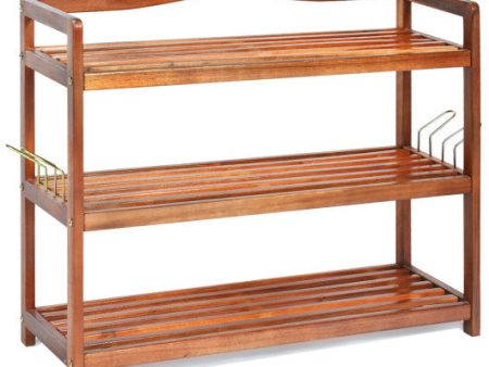 3-Tier Acacia Wood Shoe Rack with Side Metal Hooks Hot on Sale