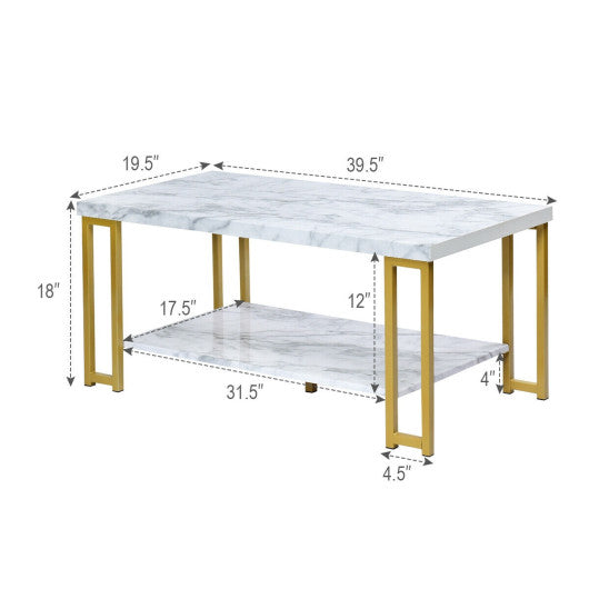 2-Tier Rectangular Modern Coffee Table with Gold Print Metal Frame Online now