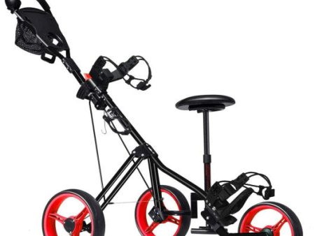 Foldable 3 Wheels Push Pull Golf Trolley with Scoreboard Bag-Red Discount