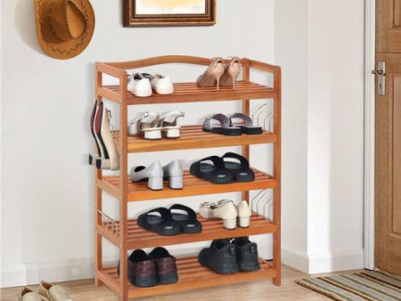 5-Tier Acacia Wood Shoe Rack with Side Metal Hooks Online Hot Sale