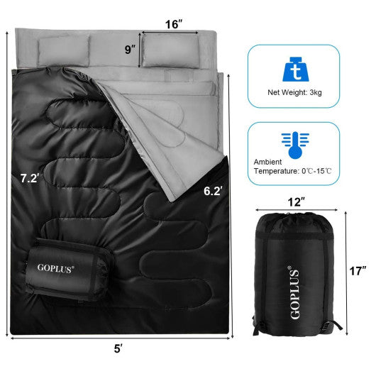 2 Person Waterproof Sleeping Bag with 2 Pillows-Black Sale