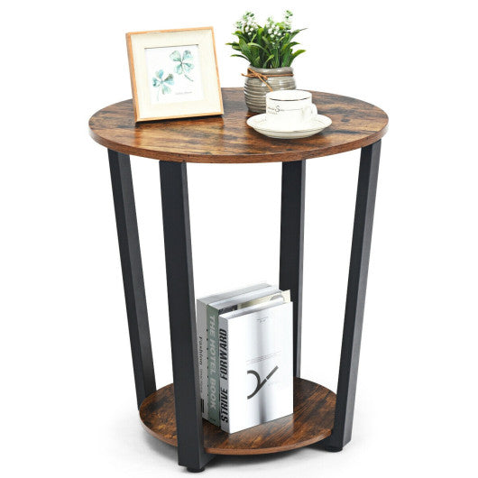 2-tier Round End Table with Storage Shelf and Metal Frame-Brown Online Sale