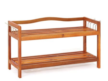 2-Tier Acacia Wood Shoe Rack with 4 Side Metal Hooks Online Hot Sale