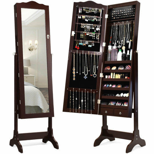 14 LED Jewelry Armoire Cabinet with Full Length Mirror and 4 Tilting Angles-Coffee Online Hot Sale