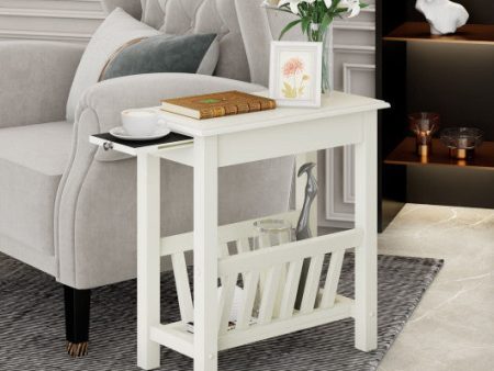 2-Tier End Table with Pull-out Tray and Solid Rubber Wood Legs-White on Sale