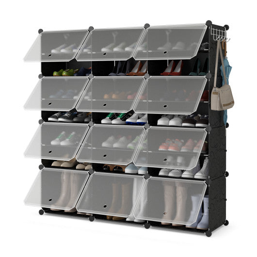 12-Cube 48 Pairs Portable Shoe Shelves with Hook-Black on Sale