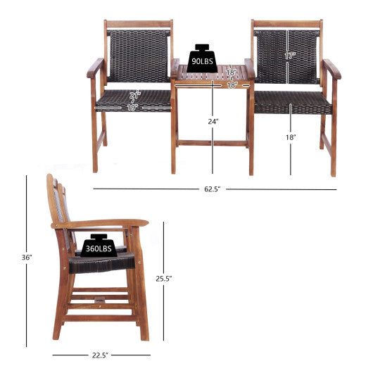 2-Seat Patio Rattan Acacia Wood Chair with Coffee Table Discount