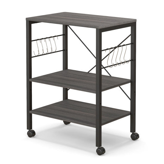 3-Tier Kitchen Baker s Rack Microwave Oven Storage Cart with Hooks-Charcoal Brown For Cheap