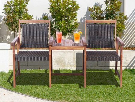 2-Seat Patio Rattan Acacia Wood Chair with Coffee Table Discount