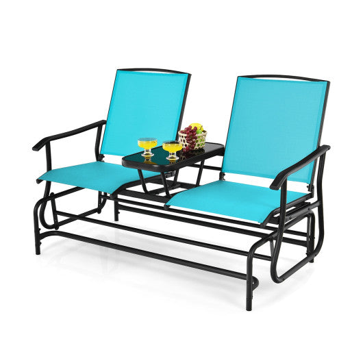 2-Person Double Rocking Loveseat with Mesh Fabric and Center Tempered Glass Table-Turquoise on Sale