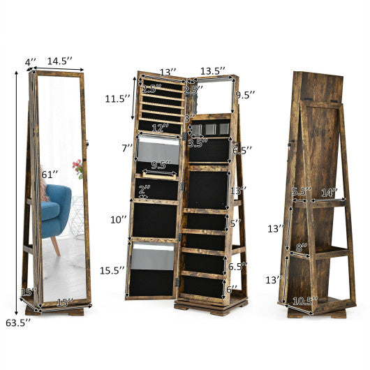 360° Rotatable 2-in-1 Lockable Jewelry Cabinet with Full-Length Mirror-Rustic Brown on Sale