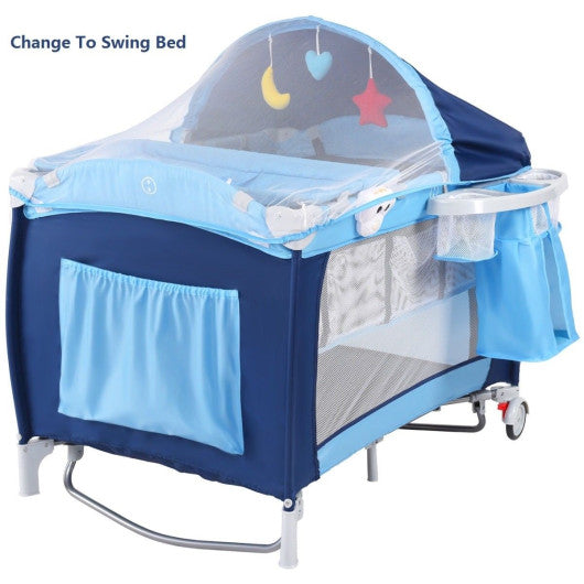 Foldable Baby Crib Playpen with Mosquito Net and Bag-Blue Cheap