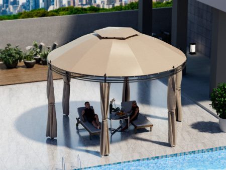 11.5 ft Outdoor Patio Round Dome Gazebo Canopy Shelter with Double Roof Steel-Brown Online