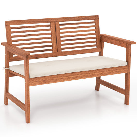 2-Person Solid Wood Patio Bench with Backrest and Cushion Online Sale