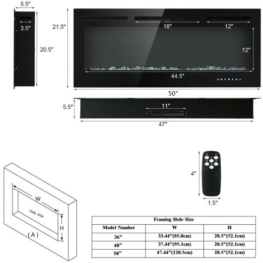 50 Inch Recessed Electric Insert Wall Mounted Fireplace with Adjustable Brightness Sale