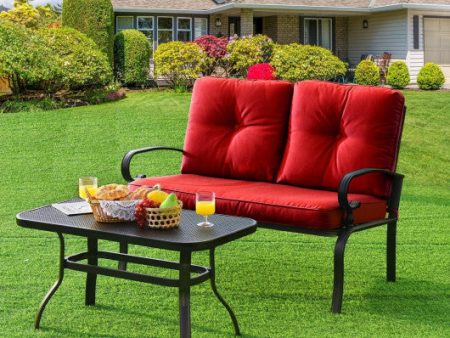 2 Pieces Patio Loveseat Bench Table Furniture Set with Cushioned Chair-Red Cheap