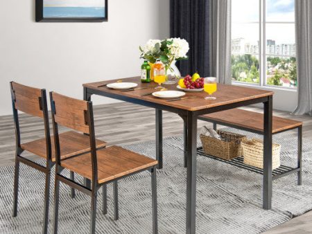 4 Pieces Rustic Dining Table Set with 2 Chairs and Bench-Brown on Sale