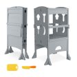 Folding Wooden Step Stool with Lockable Safety Rail for Toddler 3+-Gray Cheap