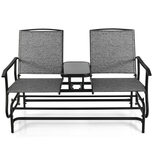 2-Person Double Rocking Loveseat with Mesh Fabric and Center Tempered Glass Table-Gray Sale