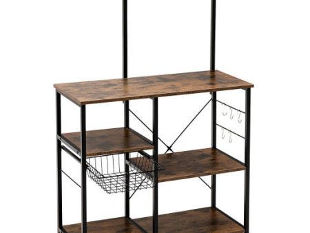 4-tier Kitchen Baker s Rack with Basket and 5 Hooks-Rustic Brown Sale