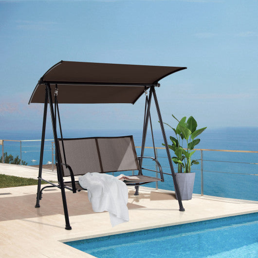 2-Seat Outdoor Canopy Swing with Comfortable Fabric Seat and Heavy-duty Metal Frame-Brown Fashion