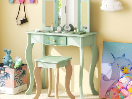 Kids Vanity Set with Tri-folding Mirror-Green on Sale