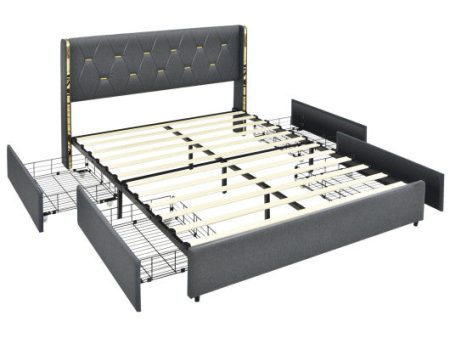 Full Queen Size Upholstered Bed Frame with 4 Storage Drawers-Queen Size Online Hot Sale