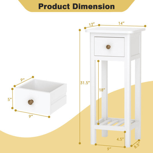 2 Tier Slim Nightstand Bedside Table with Drawer Shelf-White Online