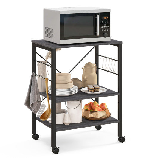 3-Tier Kitchen Baker s Rack Microwave Oven Storage Cart with Hooks-Charcoal Brown For Cheap